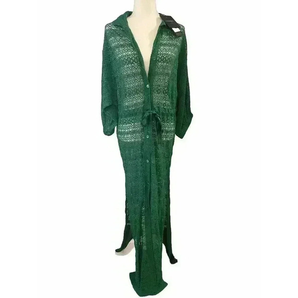 Beach Coverup Medium Lace Drawstring Kaftan Maxi Shirt Dress Swim $295 NWT Green - Picture 4 of 10